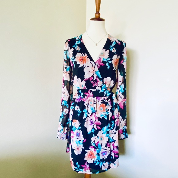 Leyden Floral Black Wrap Long Sleeve Mini Dress - Picture 3 of 7